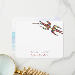 Küssen Schwalben Frühlingsblumen Chic Wedding Foto Dankeskarte