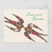 Küssen Schwalben Frühlingsblumen Hochzeit Danke Postkarte (Vorderseite)