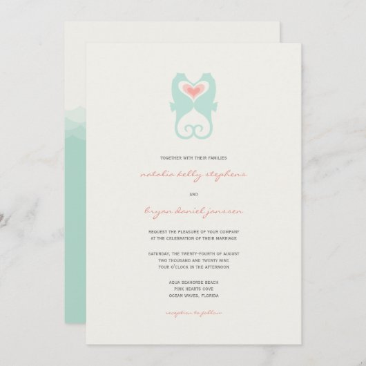 Küssen Seepferde Liebe Hearts Beach Summer Wedding Einladung (Vorne/Hinten)