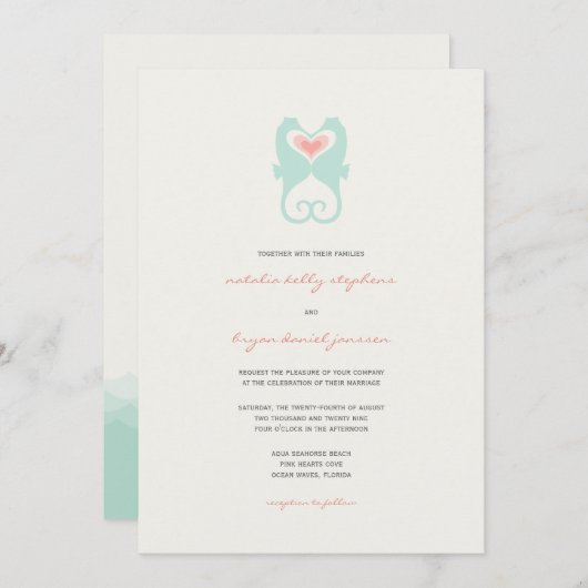 Küssen Seepferde Liebe Hearts Beach Summer Wedding Einladung (Vorne/Hinten)