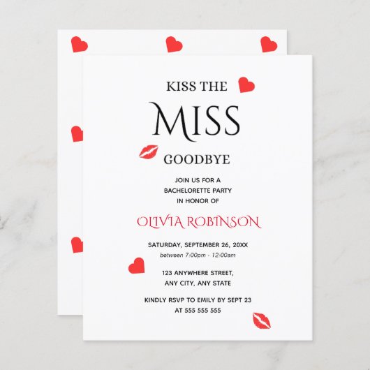 Küssen Sie die Miss Goodbye Junggeselinnen-Abschie (Vorne/Hinten)