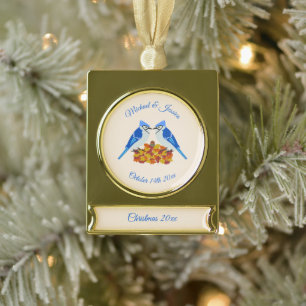 Küssen von blauen Jay Hochzeit im Herbst nach Maß Banner-Ornament Gold