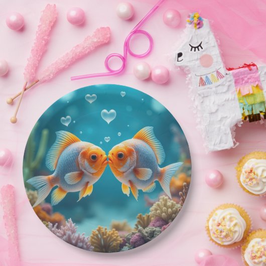 Küssen von Fisch mit Herzblasen Pappteller (Party)