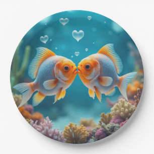 Küssen von Fisch mit Herzblasen Pappteller