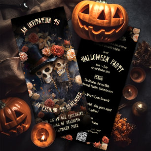 Küssende Skelette Gothic Vintage QR Code Halloween Einladung