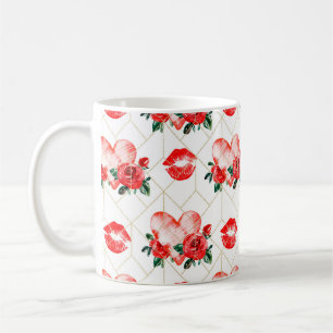 Küssender Mund mit Herz und roten Rosen Muster Kaffeetasse