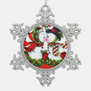 Küssendes Schneemann-Paar Schneeflocken Zinn-Ornament