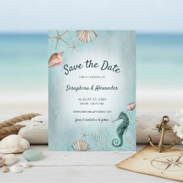 Küste | Beach Blue Watercolor Seashells Coral Save The Date