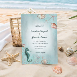 Küste | Beach Blue Watercolor Seashells Wedding Einladung