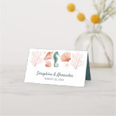 Küste | Beach Blue Watercolor Seashells Wedding Platzkarte (Rückseite)
