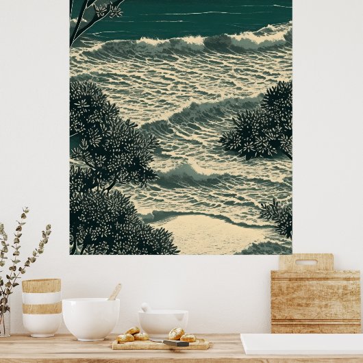 Küste Bliss: Serene Sandy Beach Lino Cut Zeichnend Poster (Küche)