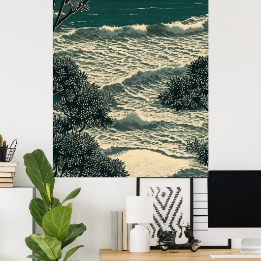 Küste Bliss: Serene Sandy Beach Lino Cut Zeichnend Poster (Heimbüro)