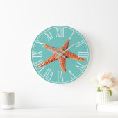 Küste Elegantes Meer Grün & Orange Starfish Große Wanduhr (Zuhause)