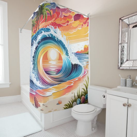 Küste & farbenfrohe, lebendige Sonnenuntergang-Wel Duschvorhang (Beispiel)