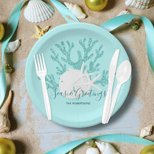 Küste Meer & Grüße Weihnachten Strand Aqua Blue Pappteller