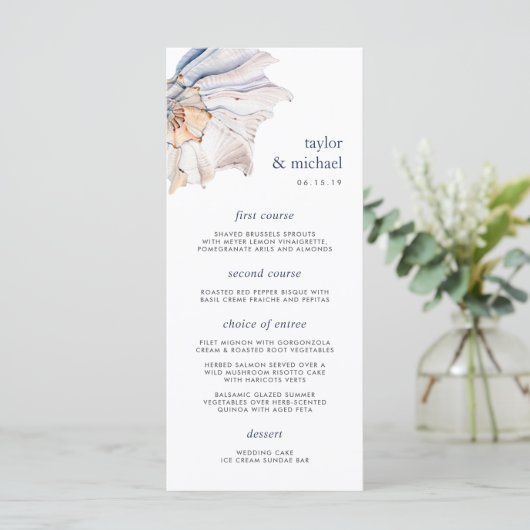 Küste | Nautical Seashell Wedding Menu Card Menükarte (Stehend Vorderseite)