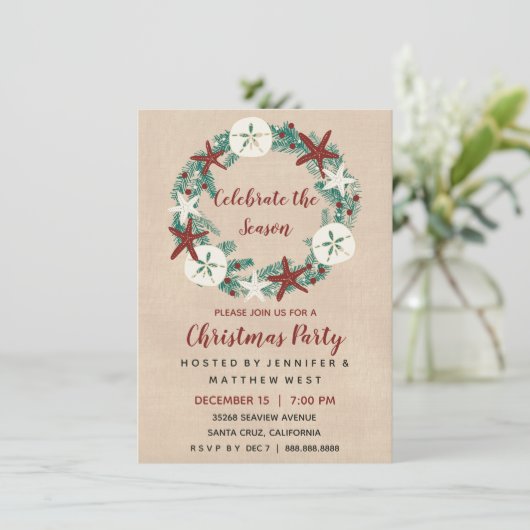 Küste Rustic Beach Weihnachtsfeier Einladung (Stehend Vorderseite)