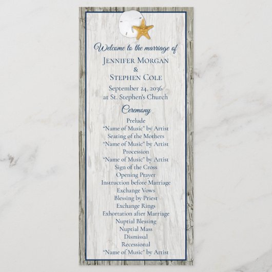 Küste Rustikale Driftwood Sand Dollar Hochzeit Programm (Vorderseite)