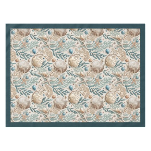 Küste Seashells Seesterne Pastellgrün Elfenbein Tischdecke (Vorderseite (Horizontal))