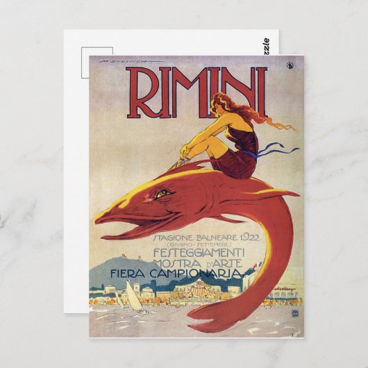 Küste von Rimini, Italien, Mädchen auf einem große Postkarte (Vorne/Hinten)