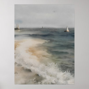 Küsten-Aquarellmalerei mit Segelbooten - vintage Poster