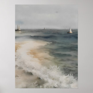 Küsten-Aquarellmalerei mit Segelbooten - vintage Poster