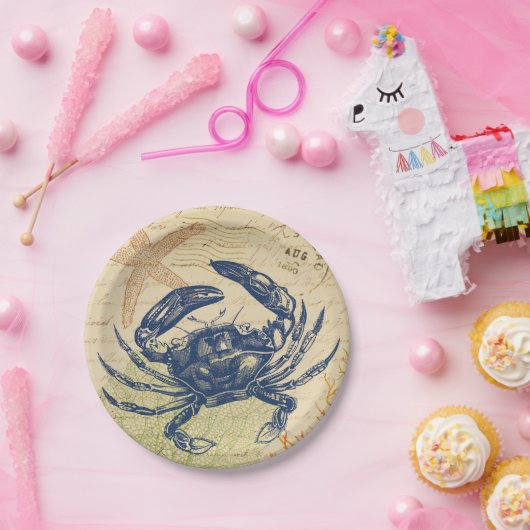 Küsten-blaue Krabben-Collage Pappteller (Party)