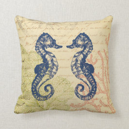 Küsten-blaue Seepferdecollage Kissen