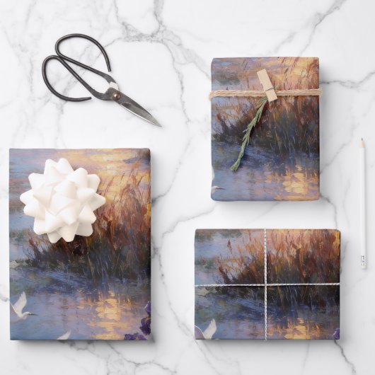 Küsten-Sonnenuntergangs-Iris & Egret-Geschenkpapie Geschenkpapier Set (Vorderseite)