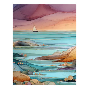 Küsten-Sonnenuntergangs-Serenität – Aquarell-Ozean Fotodruck