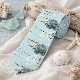 Küstenaqua-Blau-Strand-Holz-Seestern-Muschel Krawatte