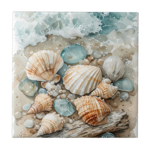 Küstenaquarell mit Treibholzszene Fliese