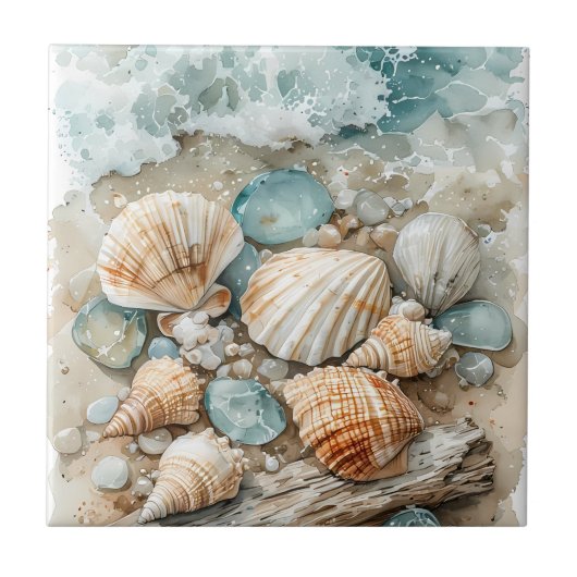 Küstenaquarell mit Treibholzszene Fliese (Vorderseite)