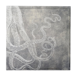 Küstenaquarell-Oktopus-Silber-Pewter-Neutral Fliese
