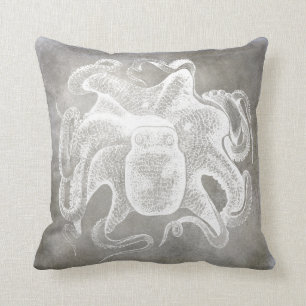 Küstenaquarell-Oktopus-Silber-Pewter-Neutral Kissen