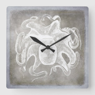 Küstenaquarell-Oktopus-Silber-Pewter-Neutral Quadratische Wanduhr