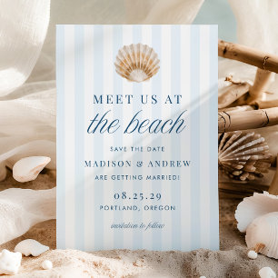 Küstenblaue Streifen-Schalen-Strand-Hochzeit Save The Date