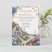 Küstencape Cod Hydrangeen Cottage-Hochzeit Einladung (Stehend Vorderseite)