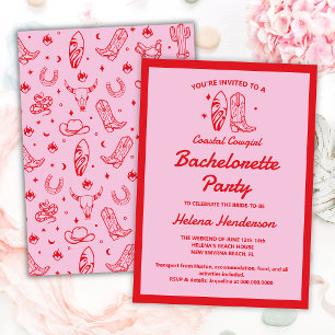 Küstencowgirl Rot & Pink Junggesellinnenabschied W Einladung