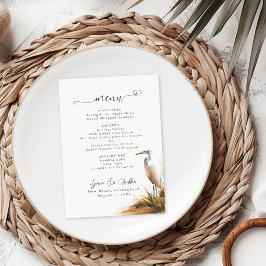 Küstenelegantes Boho-Reiher-Hochzeitsmenü Menükarte