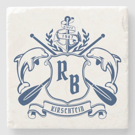 Küstenemblem-Delphin-Anker-Ruder-Schild nautisch Steinuntersetzer (Vorderseite)