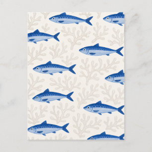 Küstenfischmuster Blaue Sardinen-Illustration Postkarte