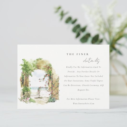 Küstenflorale Arch Beach Seascape Hochzeitsdetails Begleitkarte (Stehend Vorderseite)