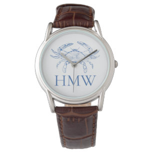 Küstengestaltetes Blau-Weiß-Krabben-Monogramm Armbanduhr
