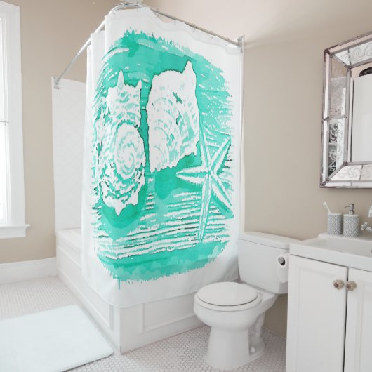 Küstengewässerfarbe aquamarine Muschelstäbchen Duschvorhang (Beispiel)