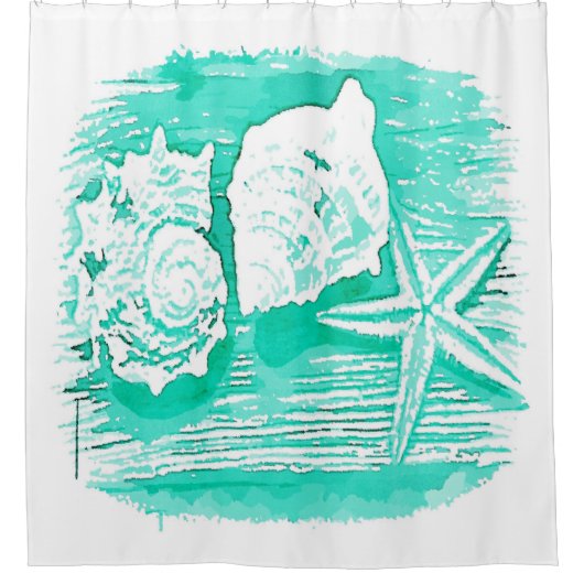 Küstengewässerfarbe aquamarine Muschelstäbchen Duschvorhang (Vorderseite)