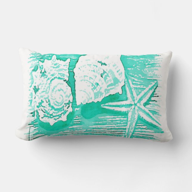 Küstengewässerfarbe aquamarine Muschelstäbchen Lendenkissen (Vorderseite)