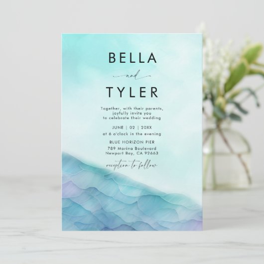 Küstenglas 2 Aquamariner Lavendel Moderne Hochzeit Einladung (Stehend Vorderseite)