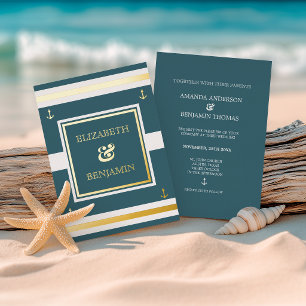 Küstengold Weiß Blaue Streifen Nautische Hochzeit Folieneinladung
