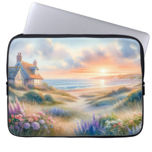 Küstenhaus-Sonnenuntergang-Dünen-Aquarell Laptopschutzhülle